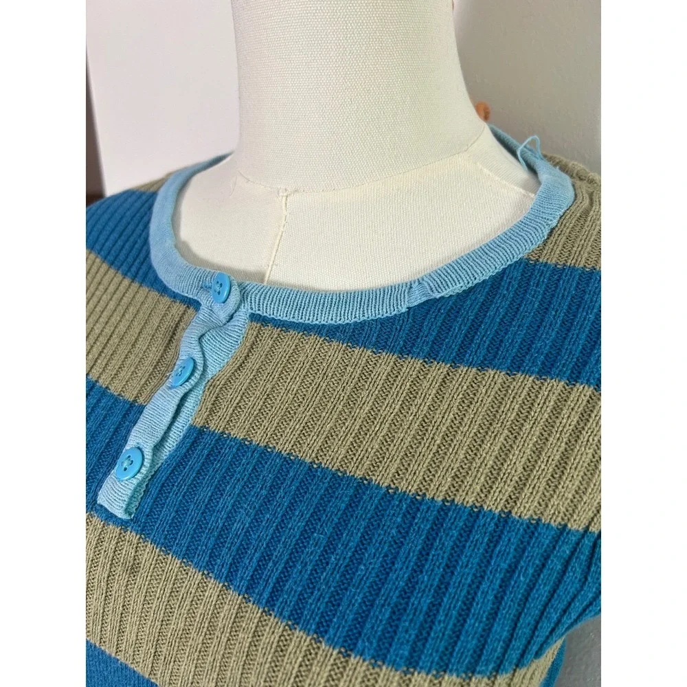 Kids Blue Khaki Striped Flower Applique Sweater Top Long Sleeve Henley‎